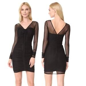 Cinq À Sept Grant Black Ruched Mesh Mini Dress